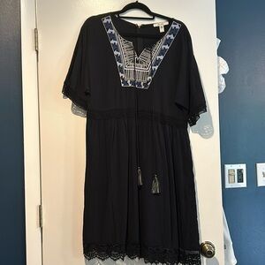 Black boho dress with embroidered yoke detail